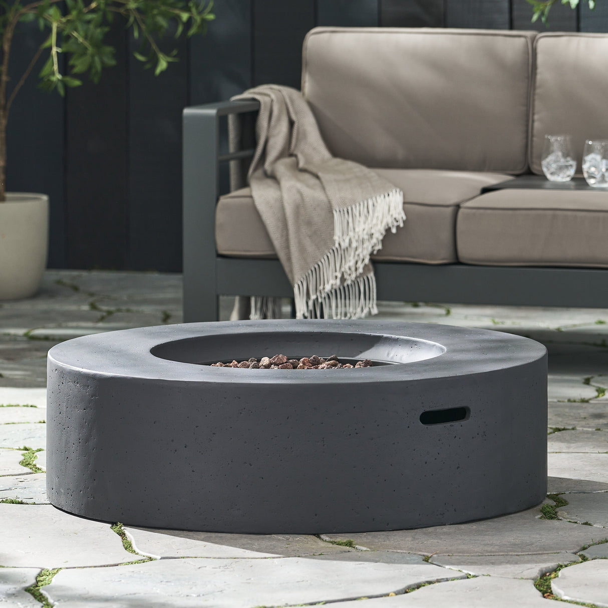 Modern Lightweight Concrete Outdoor Circular Fire Pit 50,000 BTU Dark Gray