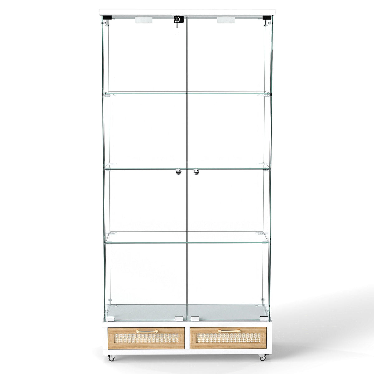 Glass Display Cabinet With LED Lights, Tempered Glass Doors, Large Drawers, 2 Door Storage Case With 4 Shelves - Natural / White