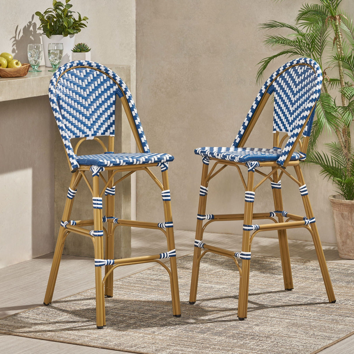 Outdoor Rattan French Barstool Set, Bamboo Finish, Navy Blue / White