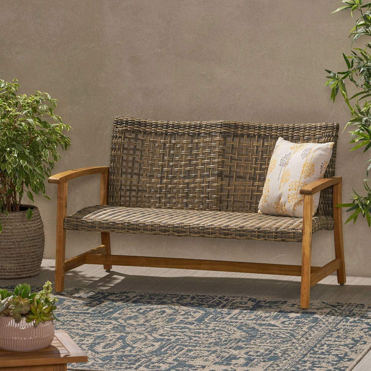 Outdoor Rattan Loveseat With Wooden Legs - Brown