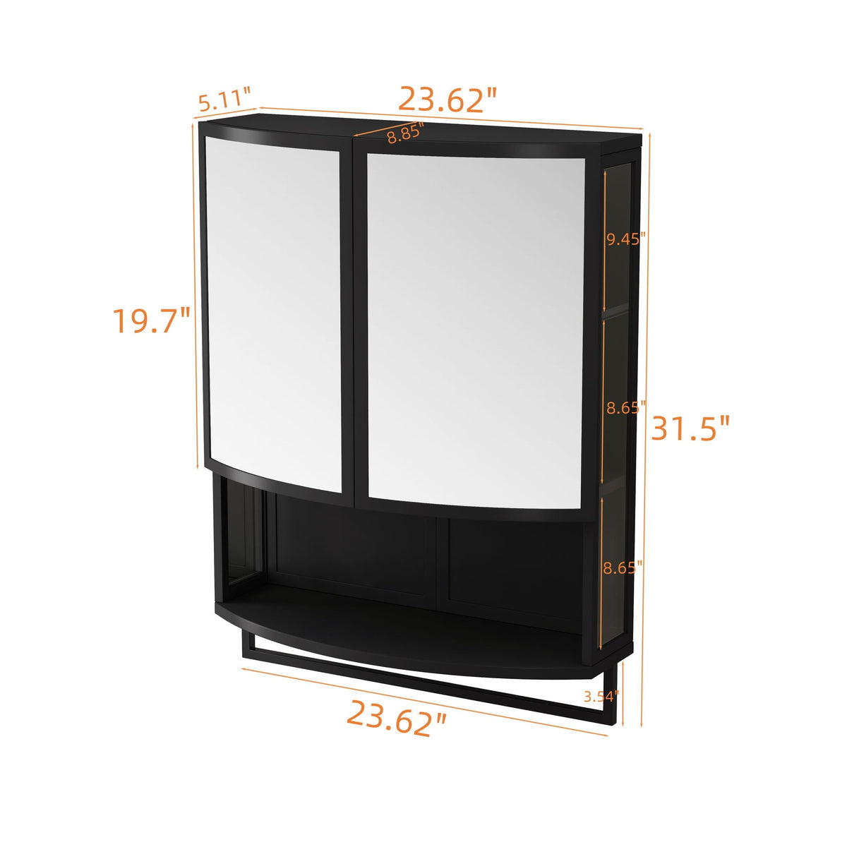 Arched Glass Double Door Wardrobe With Shatterproof Mirror, Open Shelf & Towel Rack