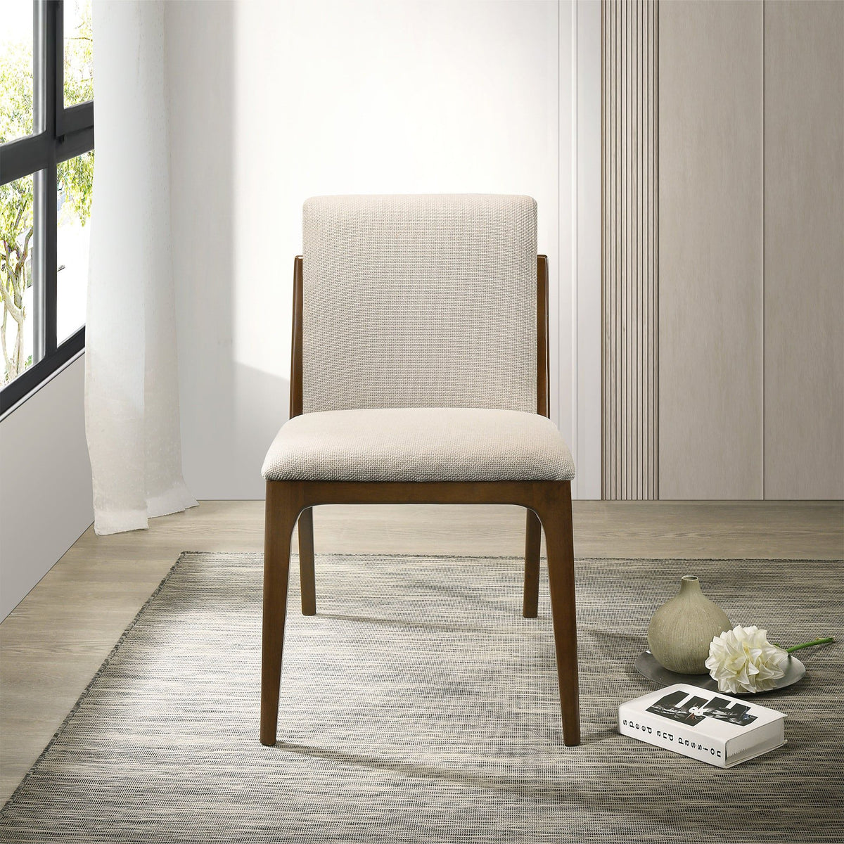 Elegant Dining Chair Set with Upholstered Fabric - Light Brown or Beige