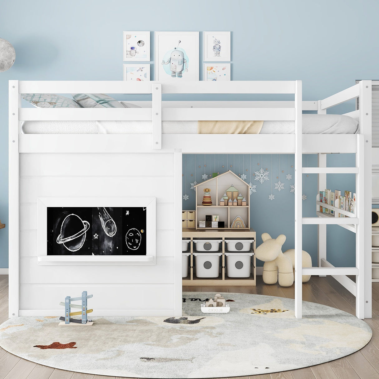 Full Size Loft Bed With Sliding Chalkboard & Bookshelf