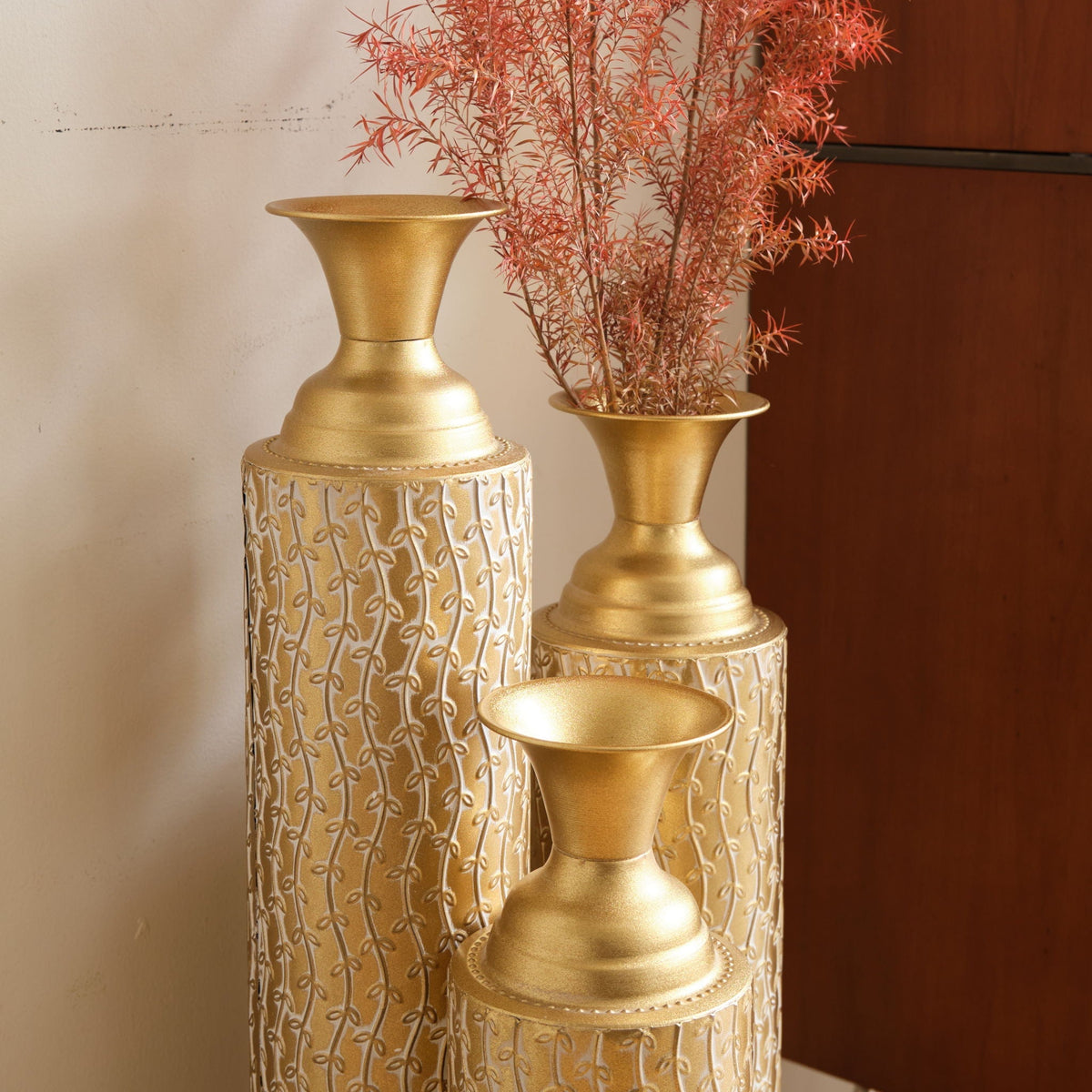 Metal Decorative Vases High Distress Metal Center Vases With Growing Vine Patterns, (Set of 3) Vases For Home Decoration - Gold