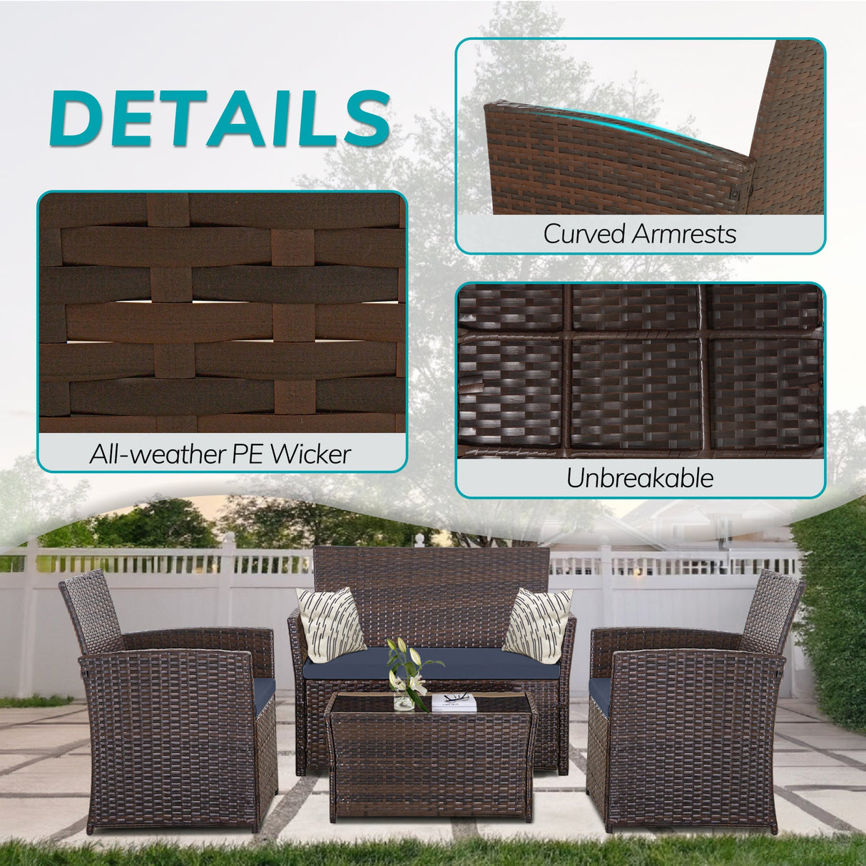 4 Piece All-Weather Rattan Outdoor Sectional Set with Cushions
