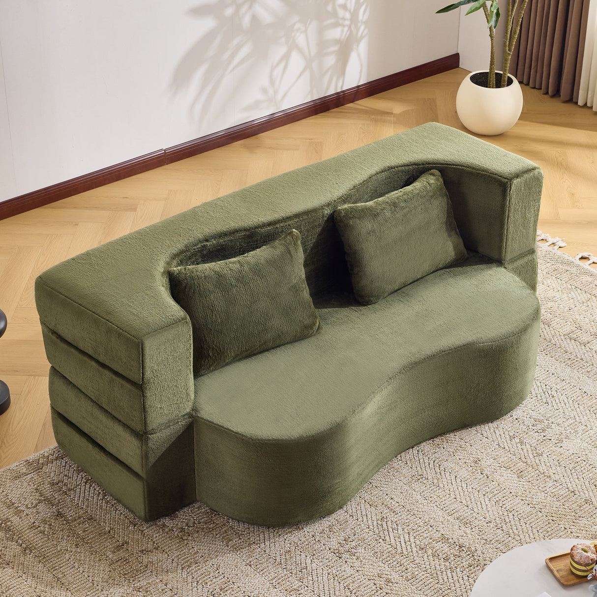 71-Inch Folding Sofa Bed in Green Plush Faux Fur