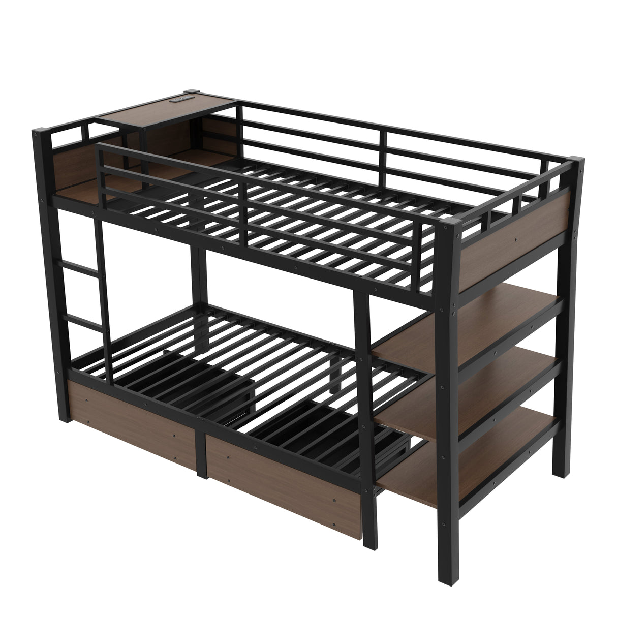 Twin Size Metal Bunk Bed with Storage Shelves, LED Light Strip, and USB Power Strip
