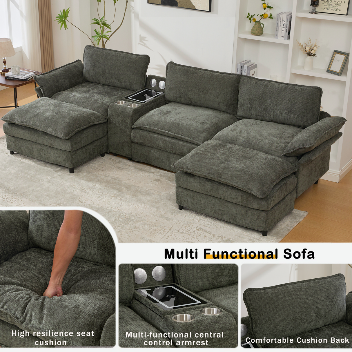 U Shaped Modular Sectional Sofa with Storage Console & Bluetooth Speakers
