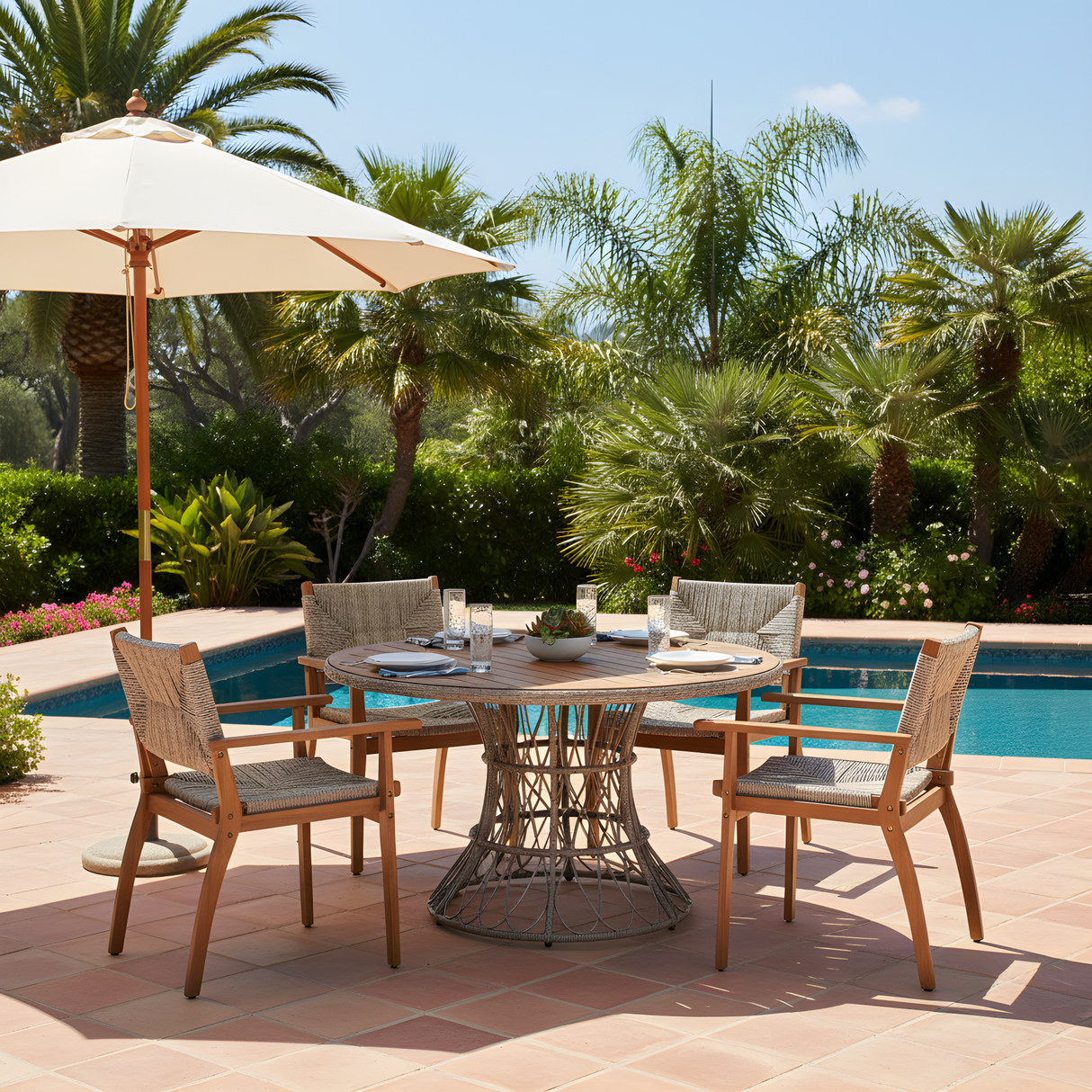 Durable Outdoor Dining Chair with Acacia Wood Frame, Handwoven Wicker Seat, Brown Finish, Patio Garden Furniture, (Compatible with Matching Table) Set of 2