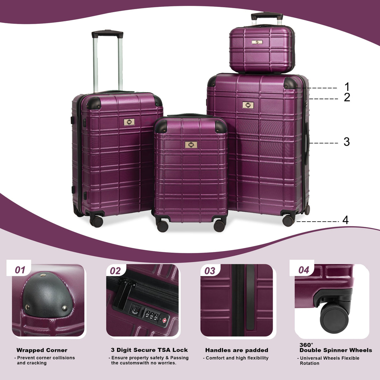 Luggage Sets ABS+PC Hardshell 4pcs Spinner Wheels with TSA Lock