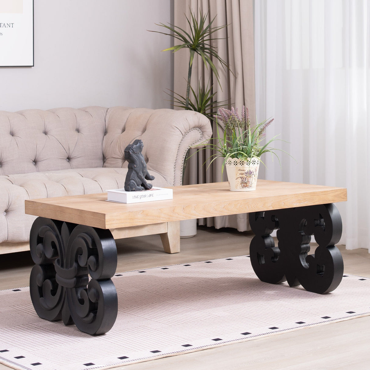 Black Scroll Base Coffee Table – 47' Rectangular Wood Living Room Table with Natural Top – Modern Farmhouse Accent Table – Elegant Centerpiece with Ornate Carved Design