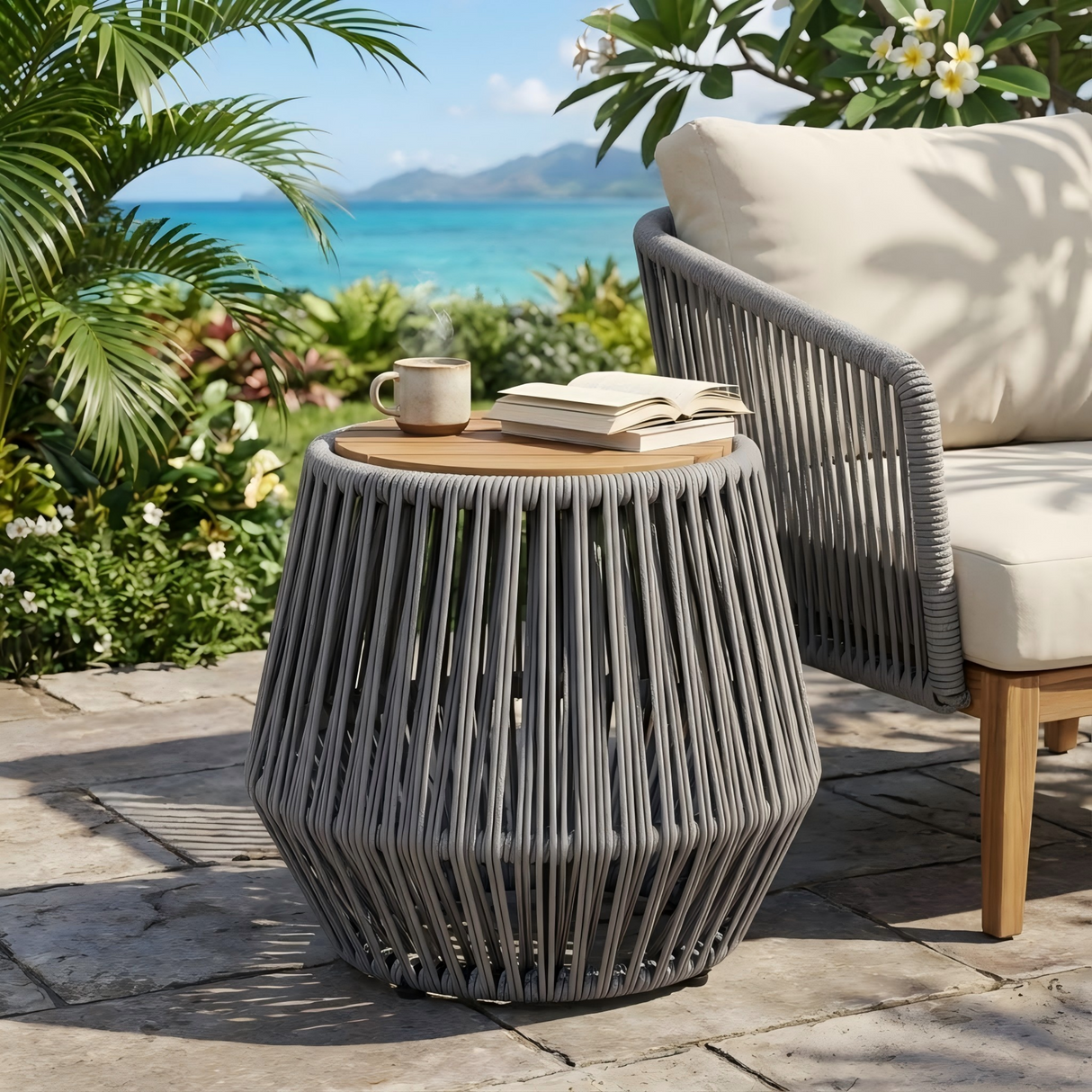 Acacia Wood Side Table with Grey Rope Design