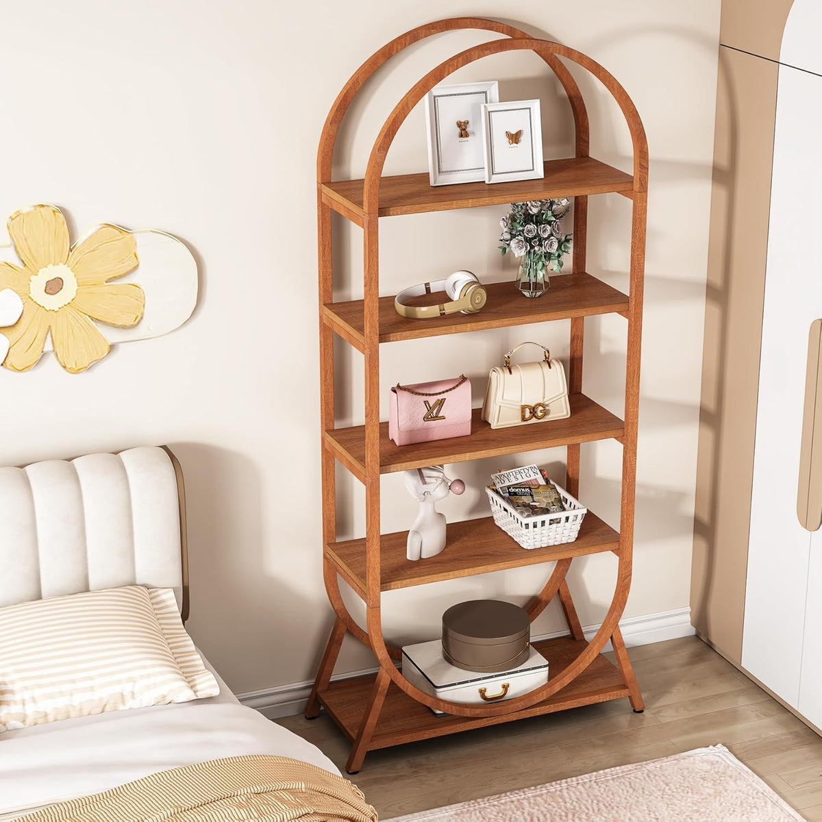 Arched 5 Tier Open Bookshelf For Office - Brown