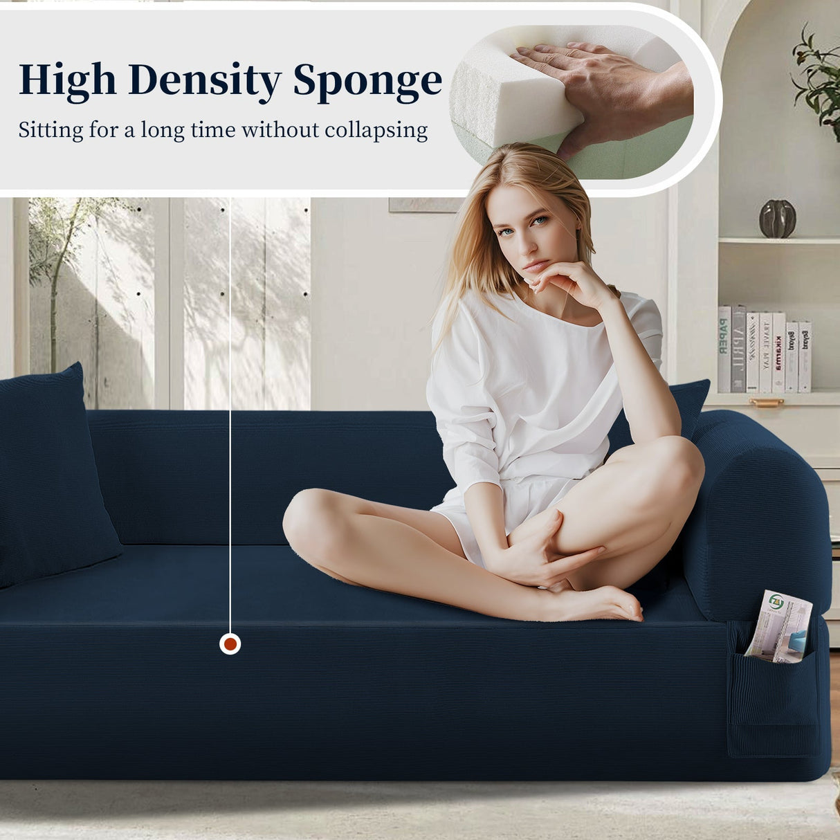 Spring Sofa with High-Quality Fabric, Pillows & Storage - Blue