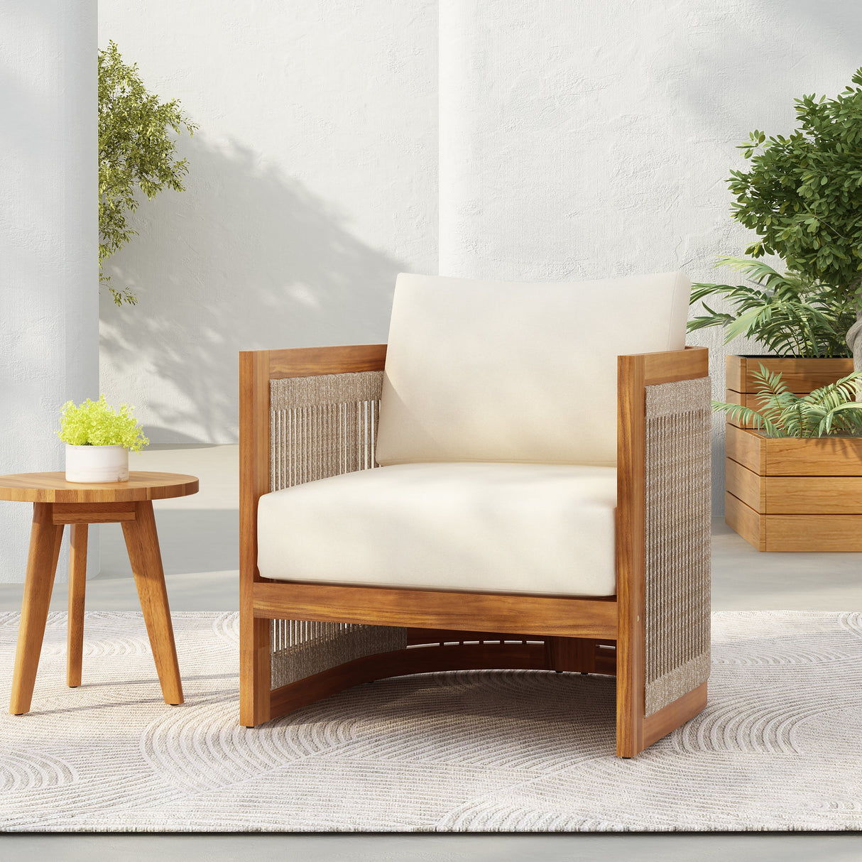 Premium Acacia Wood Outdoor Club Chair with Curved Tub Design