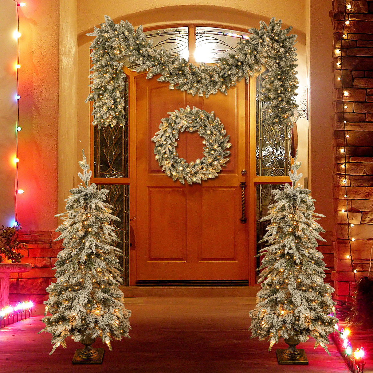 4-Piece-Fiber-Optic-Christmas-Decoration-Set-–-Wreath,-Cane-&-2-Entryway-Trees-with-LED-Lights-Christmas-Decor