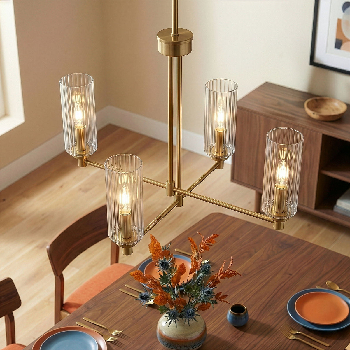 Enigma - 4 Lights Chandelier With Clear Ribbed Satin - Antique Brass / Clear / Gold