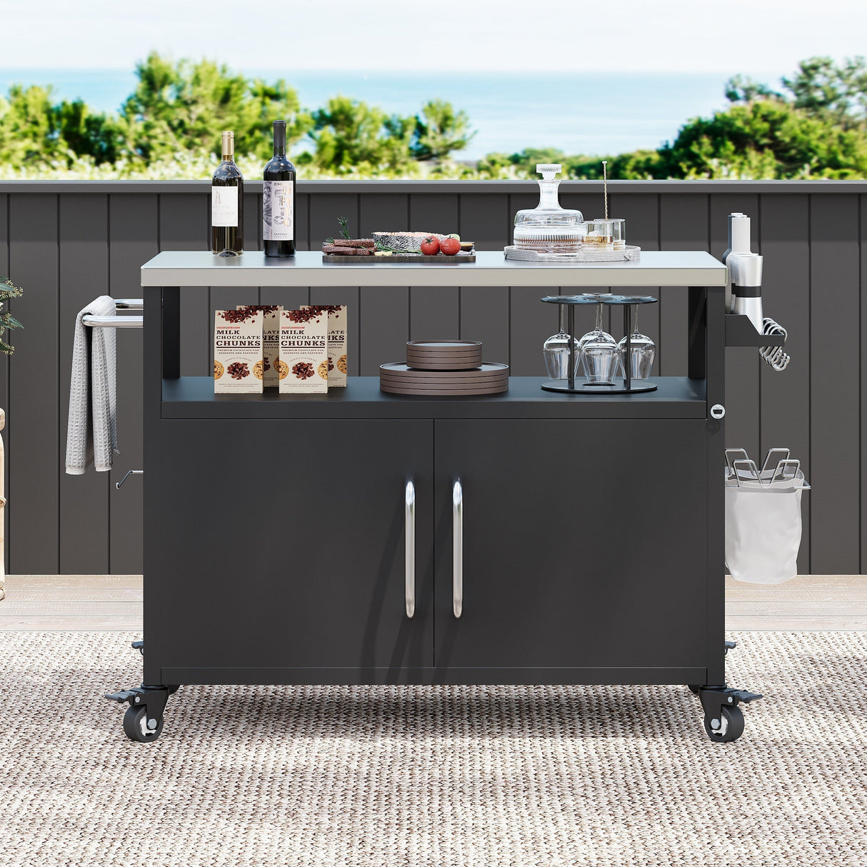 K&K 54.5' Outdoor Kitchen Island with Stainless Steel Tabletop and Storage