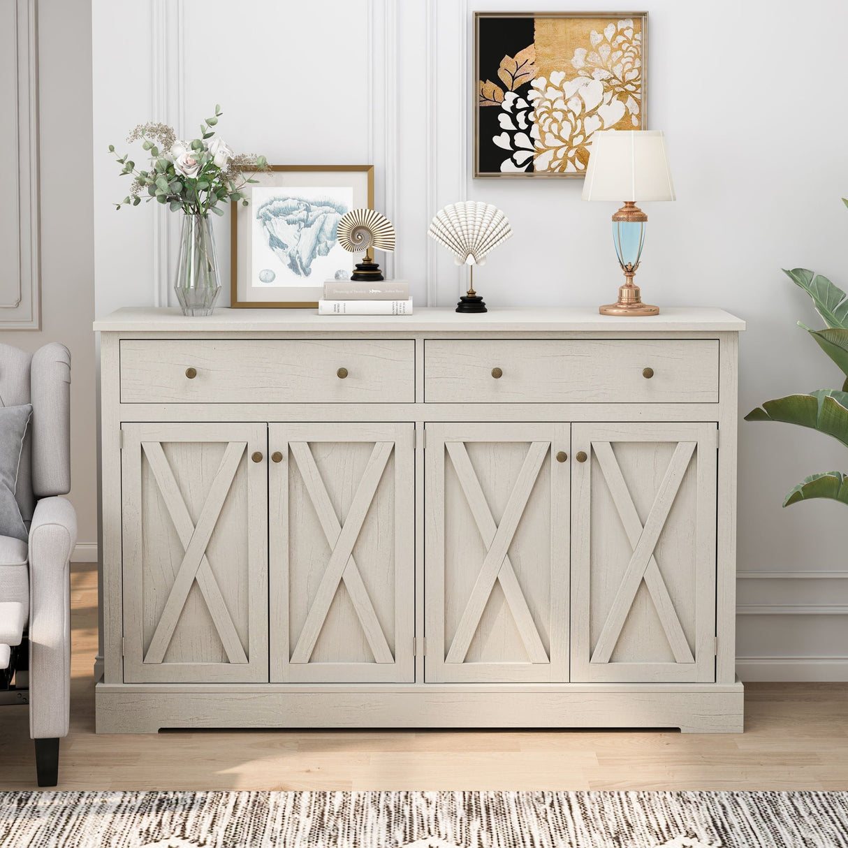 Vintage Sideboard with 2 Drawers and Four Doors for Living Room