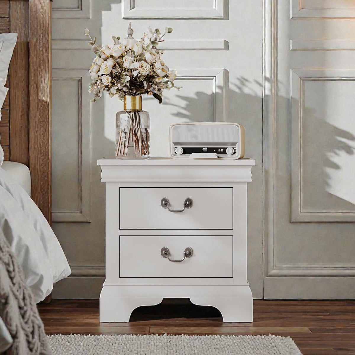 Wood Nightstand with 2 Drawers - Traditional Accent Table - White, Black, or Dark Brown