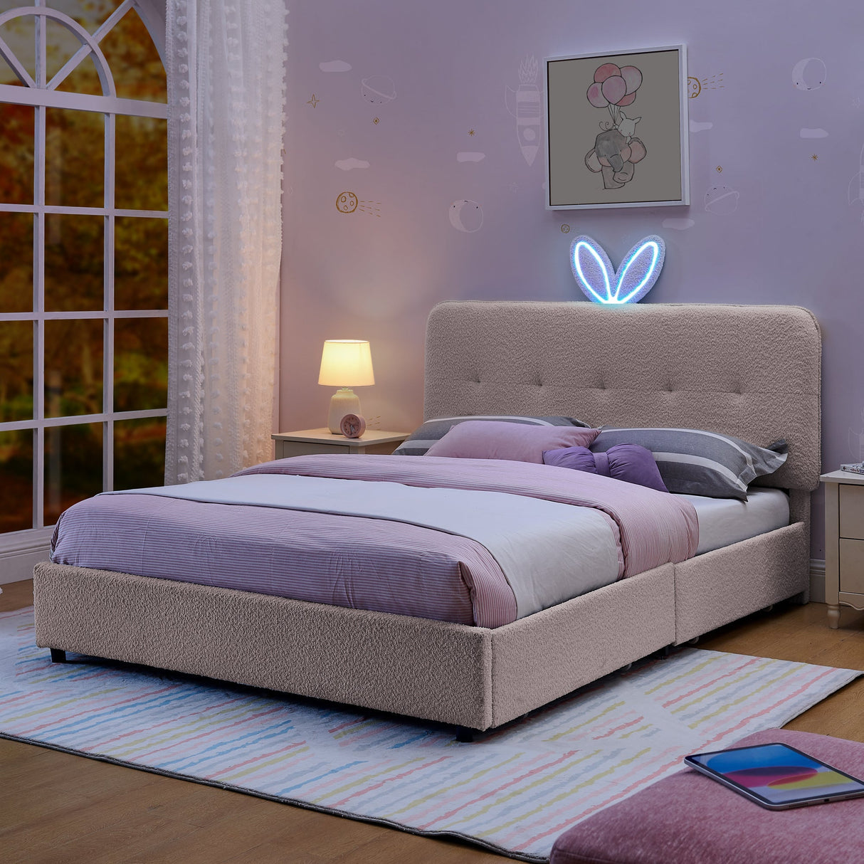 Full Size Kids Upholstered Bed with Oversized Rabbit Ear Headboard, LED Light & 4 Storage Drawers, Boucle Fabric (79.5''X55.75''X41'')