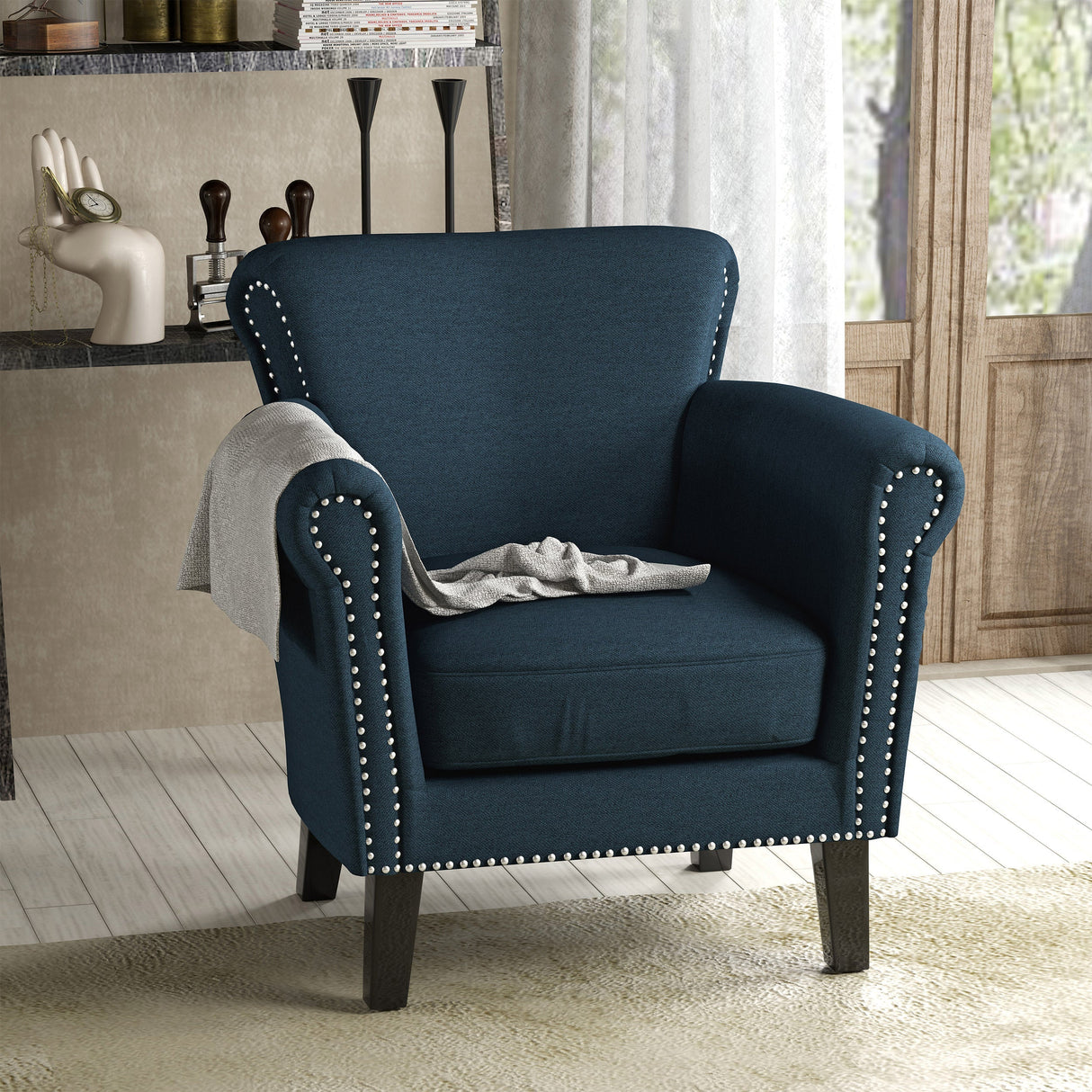 Elegant Navy Blue Fabric Club Chair with Nailhead Trim and Birch Wood Legs
