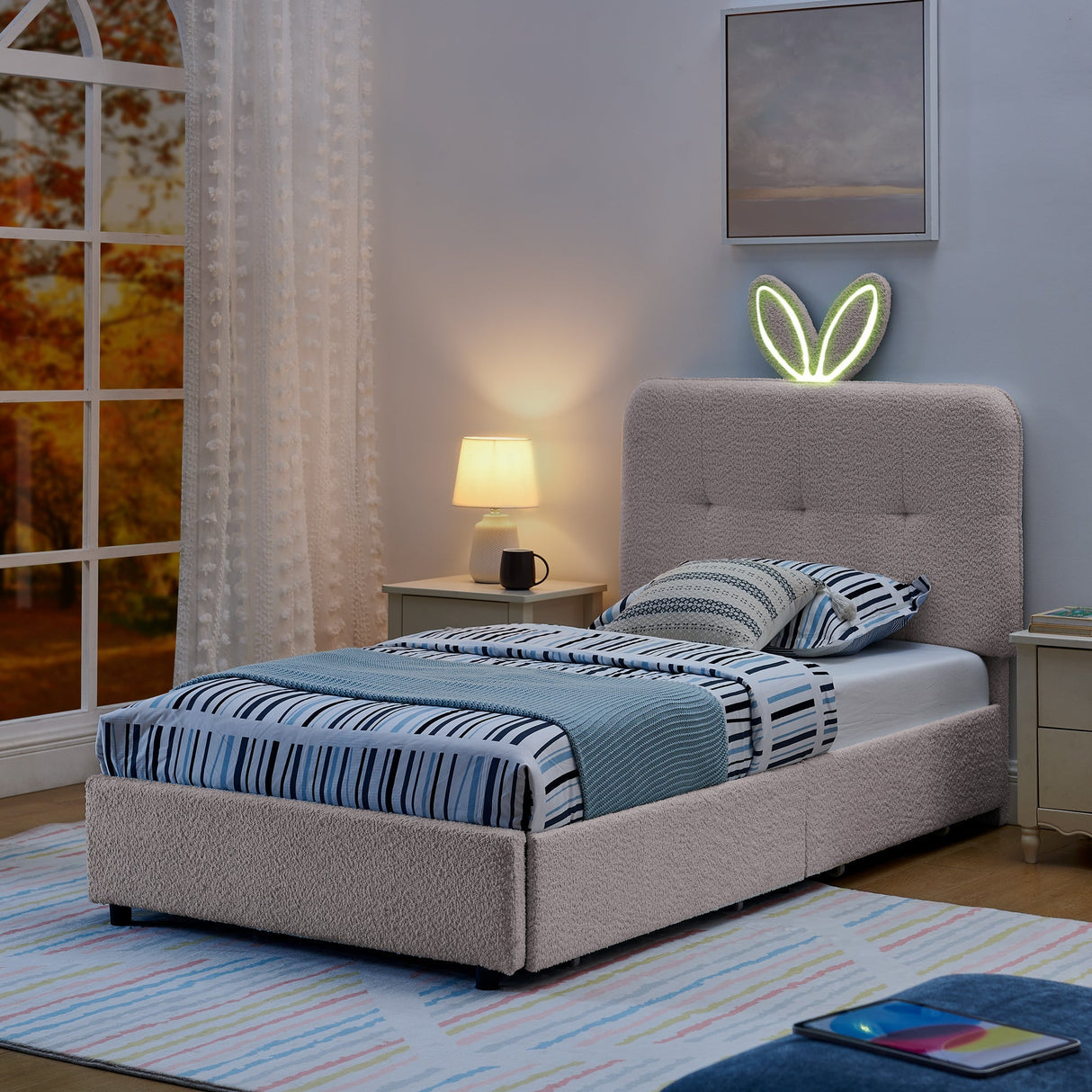 Twin Size Kids Upholstered Bed with Oversized Rabbit Ear Headboard, LED Light & 4 Storage Drawers, Boucle Fabric (79.5''X40.75''X41'')