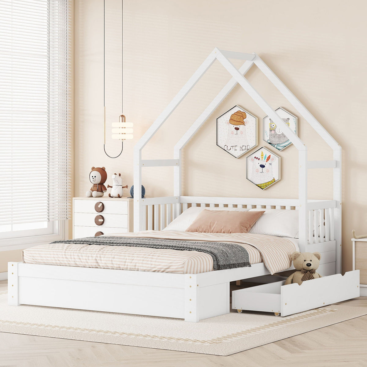 Queen Storage Platform Bed with Guardrail and 2 Drawers - White or Light Brown