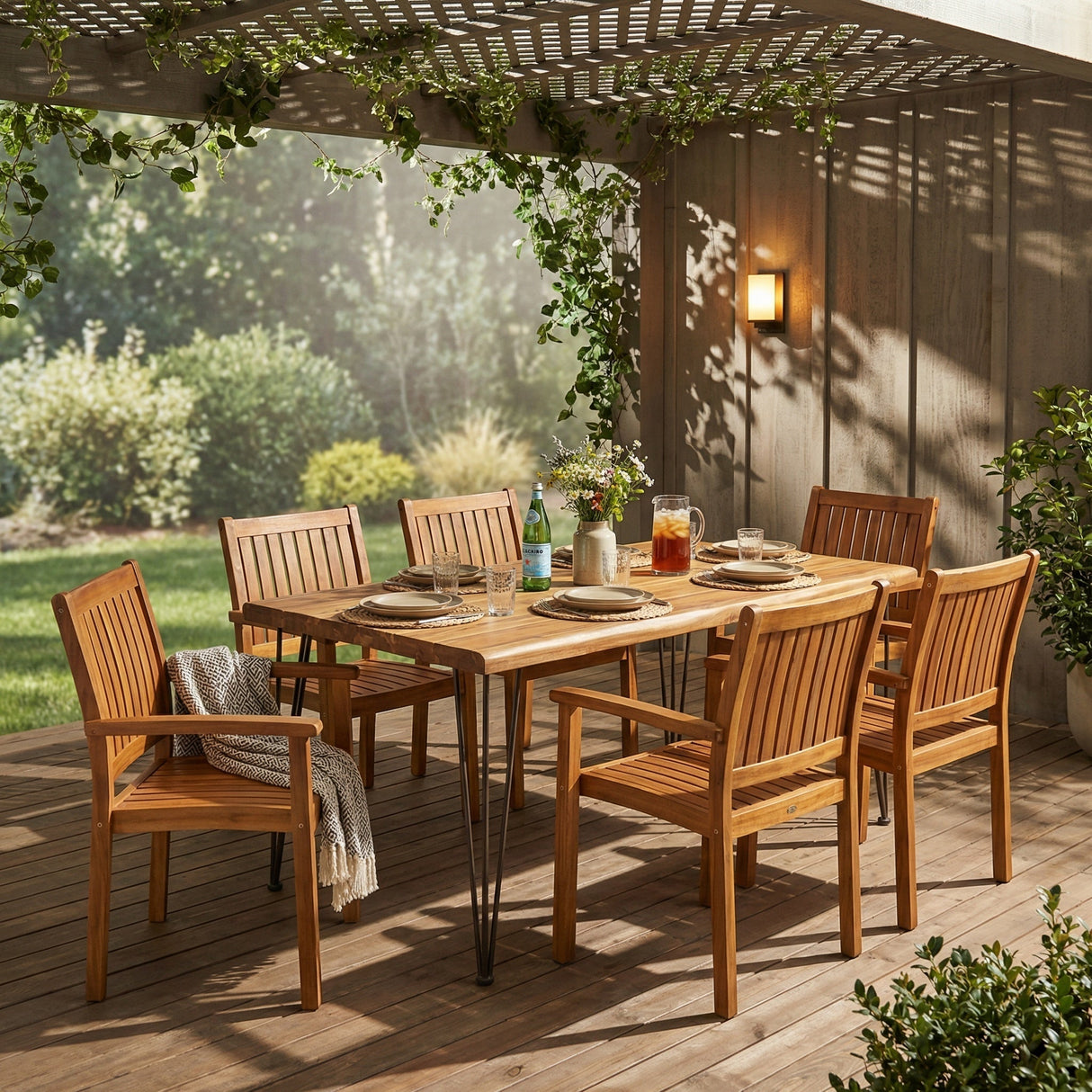 7 Pieces Acacia Wood Outdoor Dining Set with 6 Chairs and Large Table