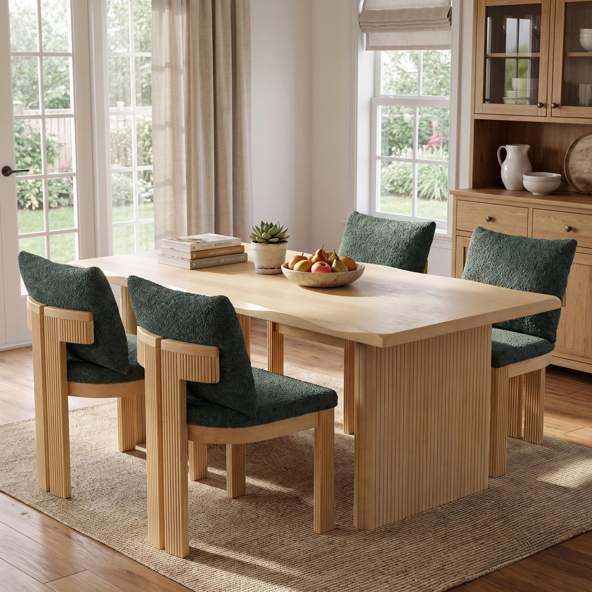 5-Piece Indoor Dining Set with Fluted Wood Table - Green Boucle