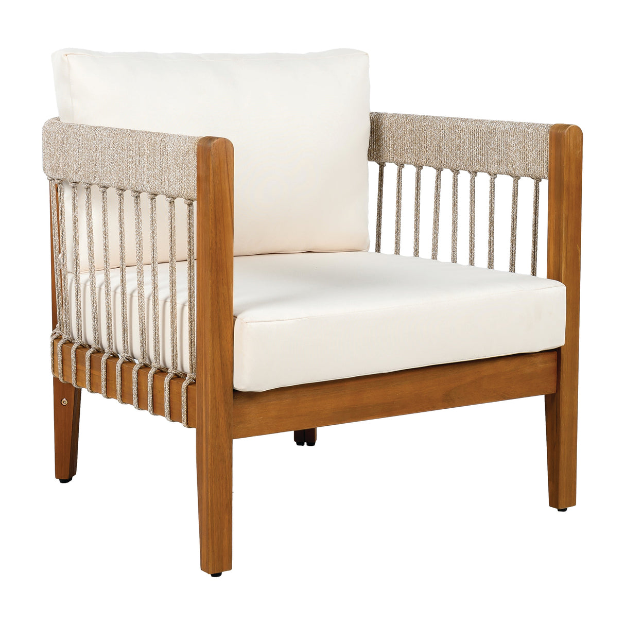 Acacia Wood Outdoor Club Chair with Handwoven Rope Accents and Curved Backrest