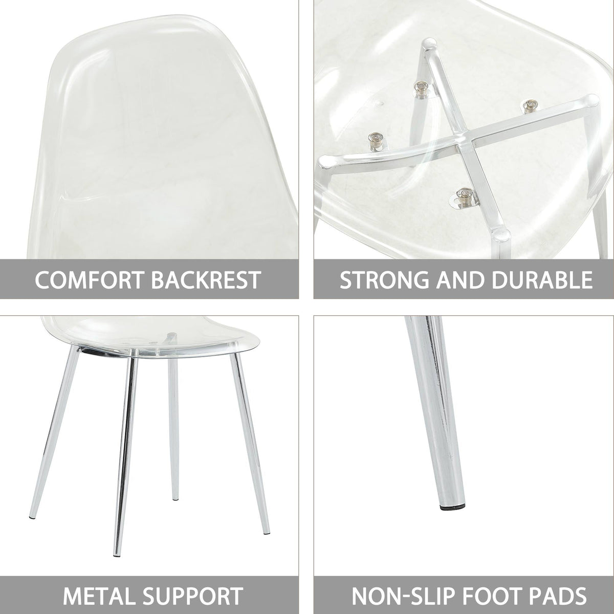 Modern Minimalist Transparent Dining Chair Set with Ergonomic PET Seat - Clear/Silver
