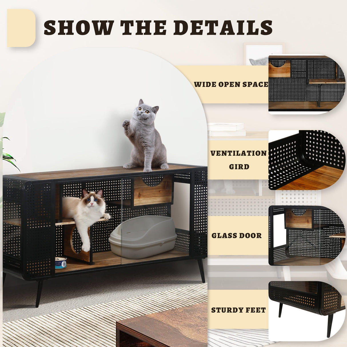 Modern Spacious Cat House with Tempered Glass and Iron Frame