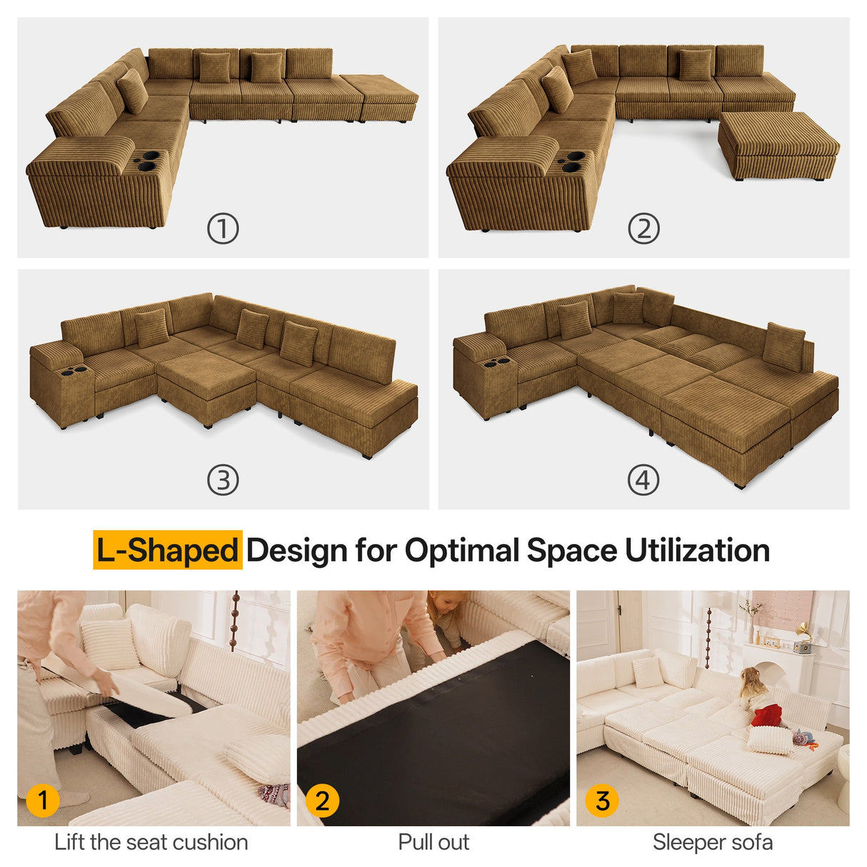 110.2" L-Shaped Sectional Sofa Set with Removable Ottoman in Camel