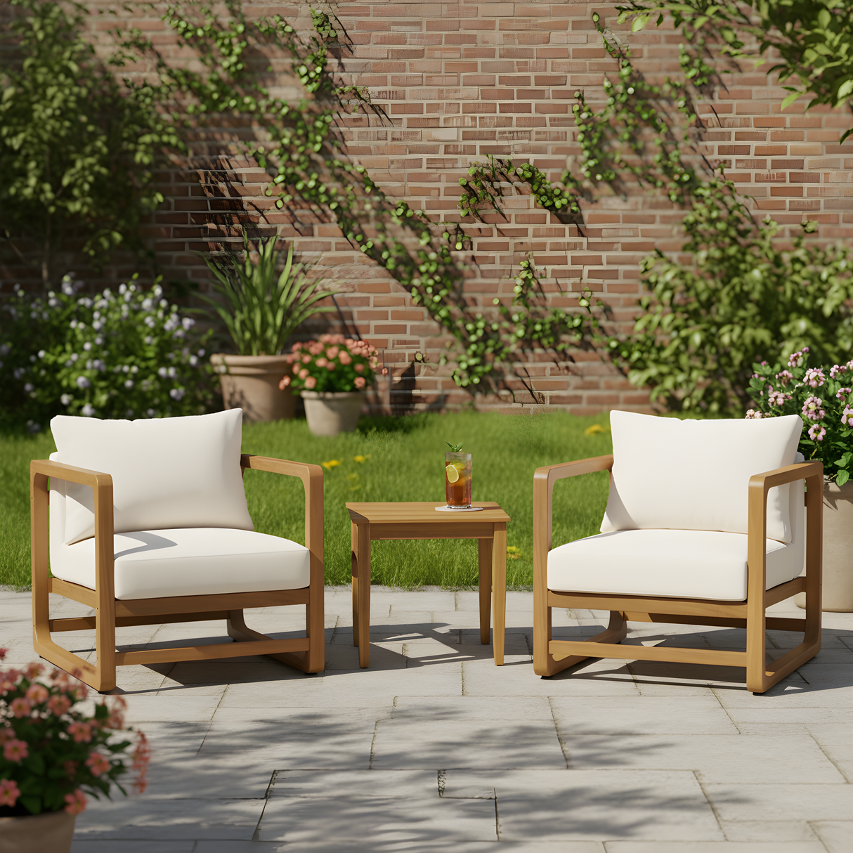 Acacia Wood Outdoor Set: 2 Club Chairs and Rustic Slat Side Table