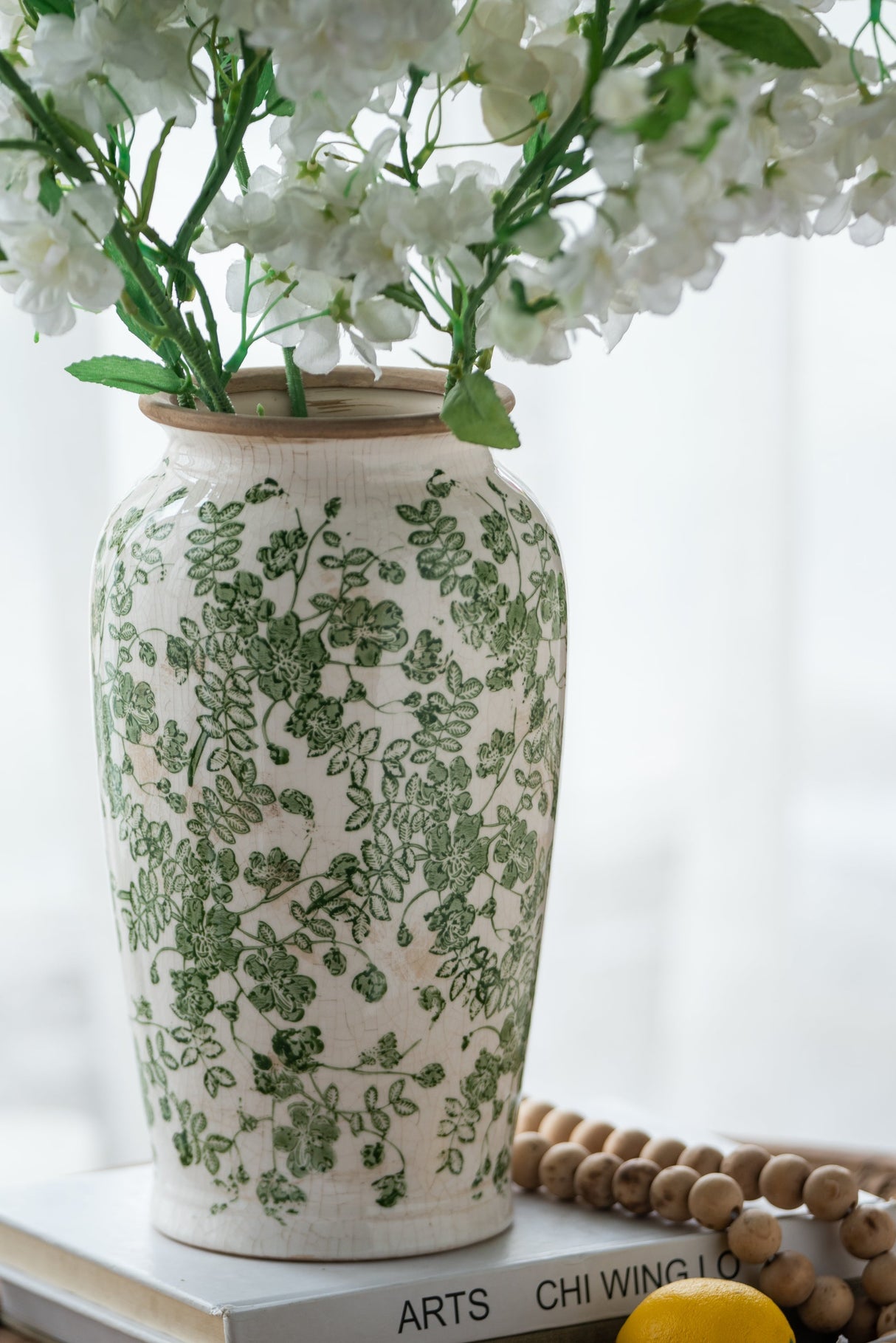 6.5x6.5x11.6' White Ceramic Flower Vase with Green Floral Pattern
