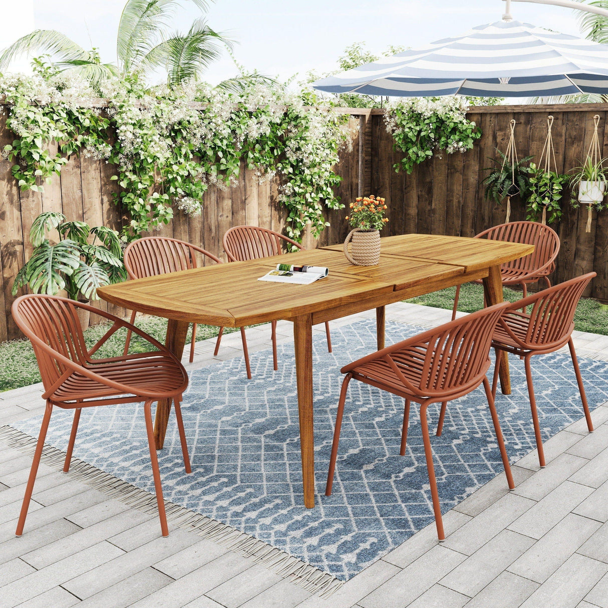 Modern Outdoor 7 Piece Expandable Dining Set with Stackable Chairs