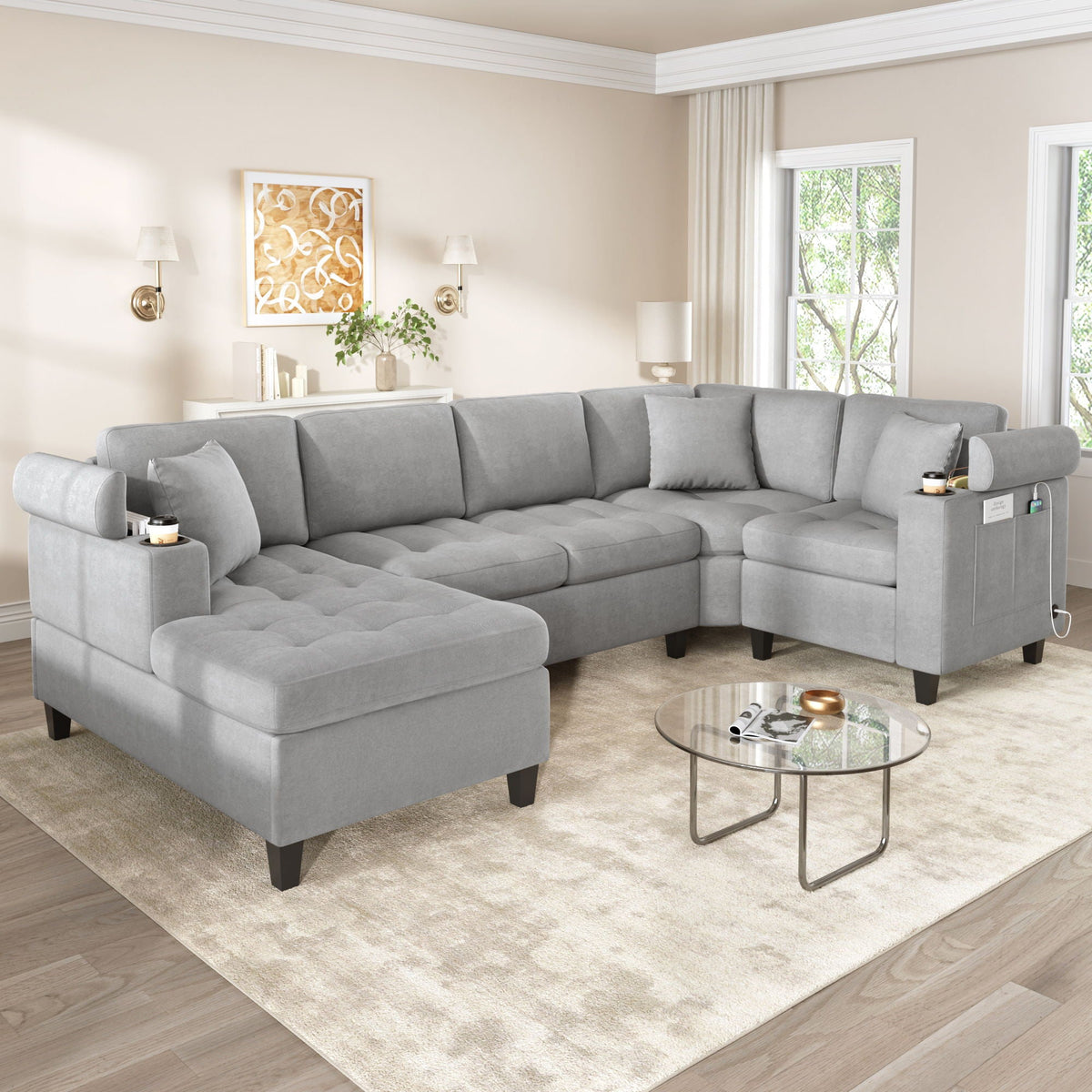 U Shaped Sectional Sofa, Corner Living Room Couch With Built In Cup Holders, Storage, USB Ports