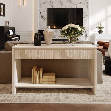 Farmhouse-Style-Console-Table-–-55.12'-Long-Distressed-Wood-Sofa-Table-White-Cabinets-&-Storage