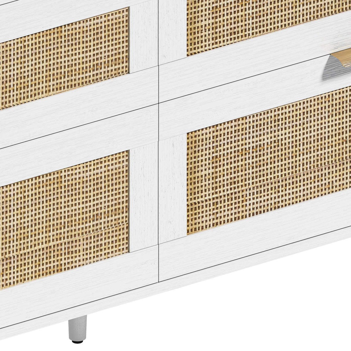 White Rattan Dresser with 6 Drawers, Metal Handles & Wood Legs
