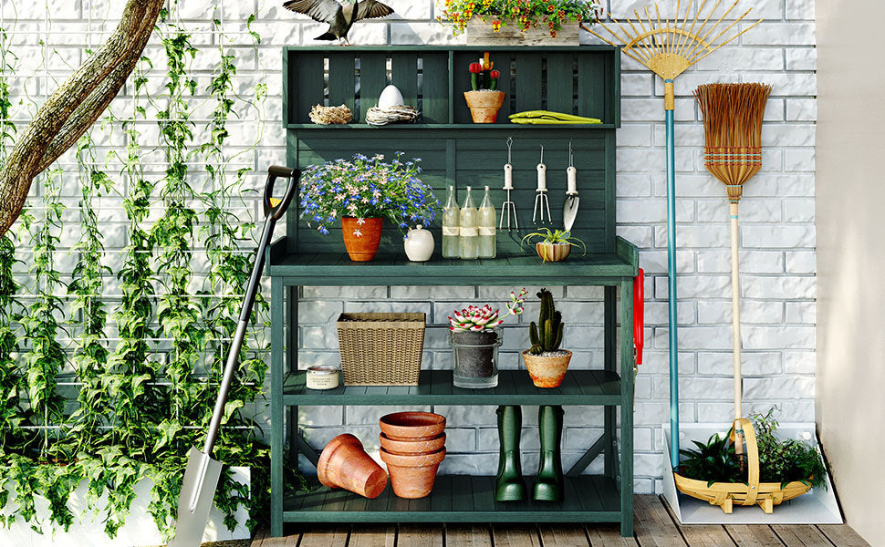 TOPMAX 65' Large Wooden Farmhouse Rustic Outdoor Potting Bench Table