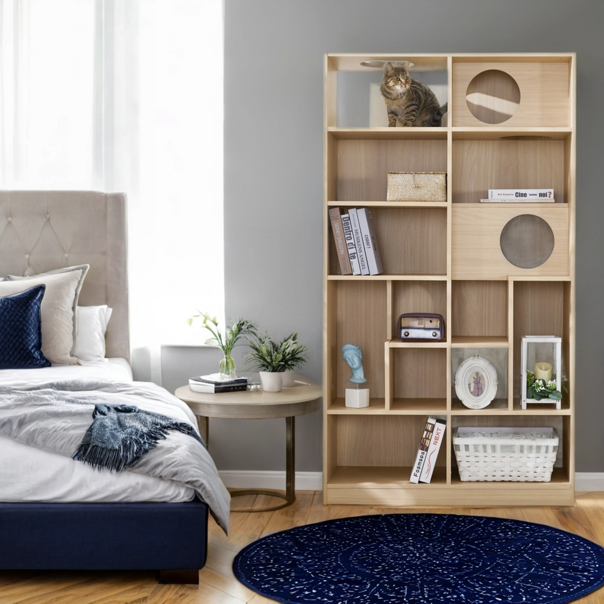 Furniture Style Cat Bookcase Cat Tree Shelves Natural Particle Board MDF 63.5 Inch