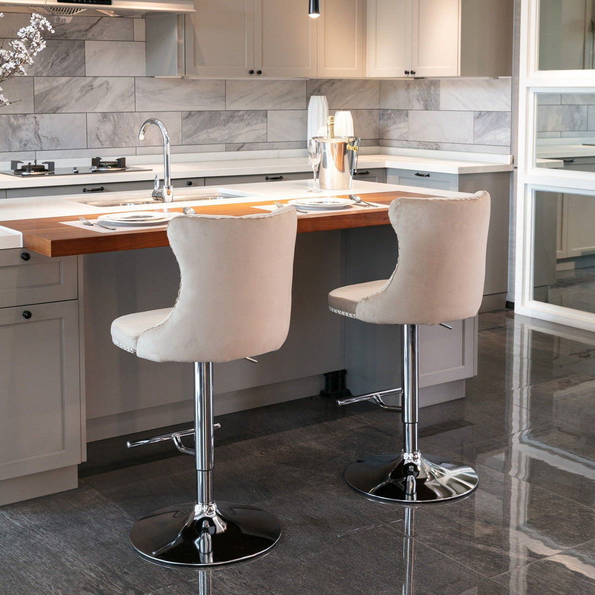 Swivel Barstools Adjusatble Seat Height From 25-33", Modern Upholstered Base Bar Stools With Backs Comfortable Tufted For Home Pub And Kitchen Island (Set of 2)