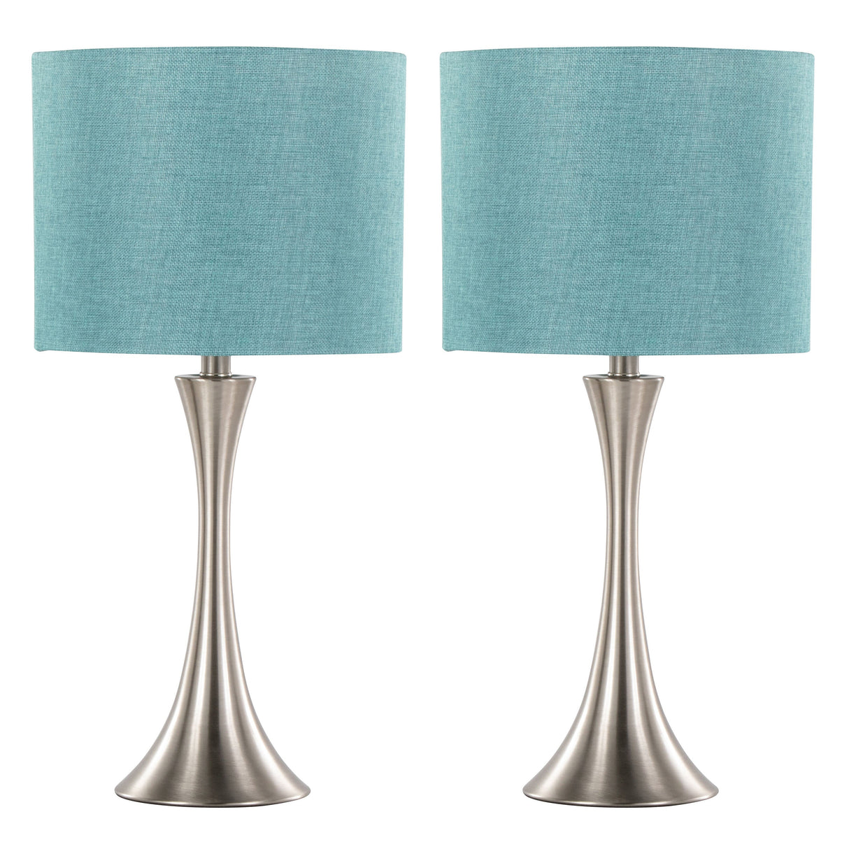 Lenuxe 24" Contemporary Metal Table Lamp Set in Brushed Nickel with Turquoise Shade - Set of 2