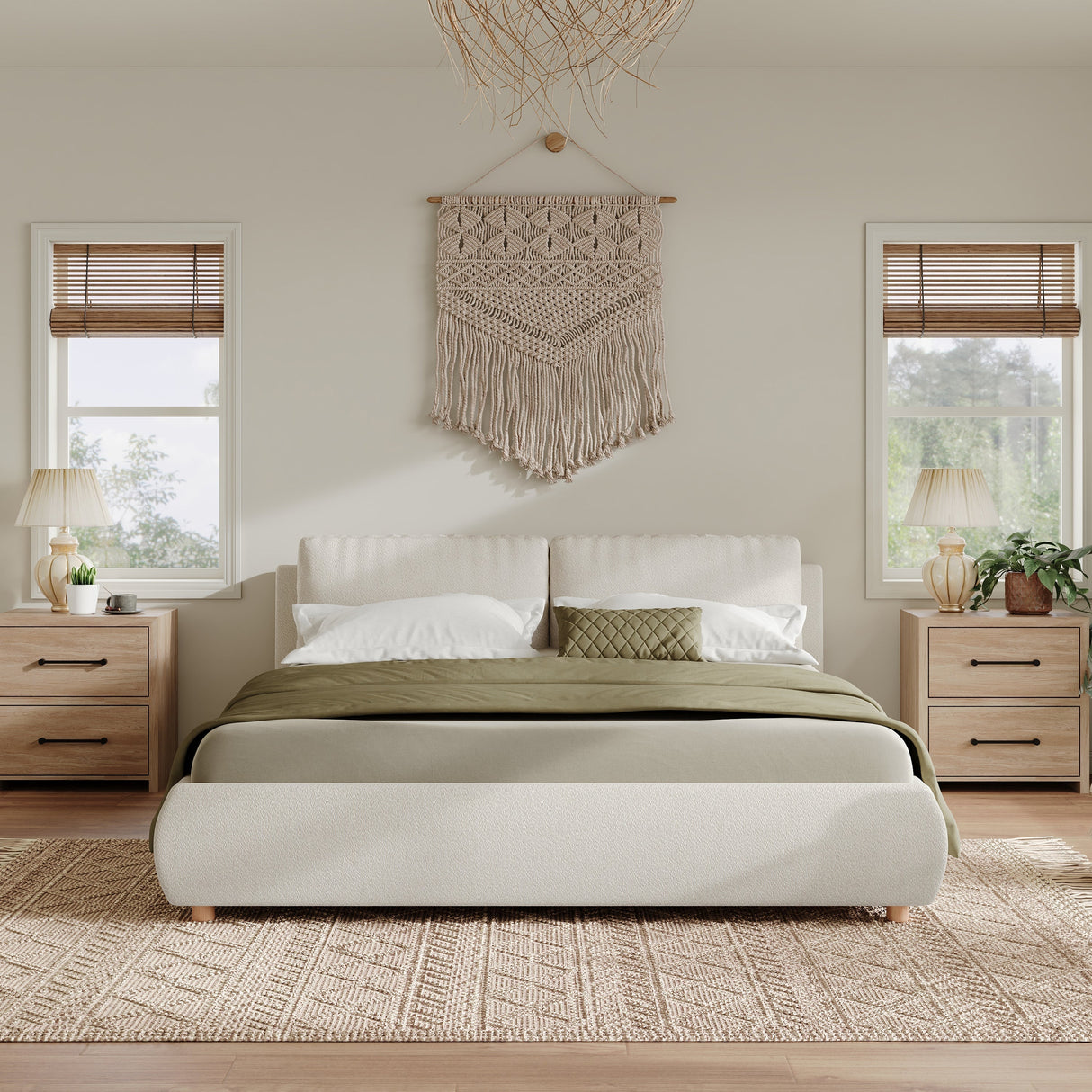 Queen Size Upholstered Platform Bed with Two Removable Pillow Headboard
