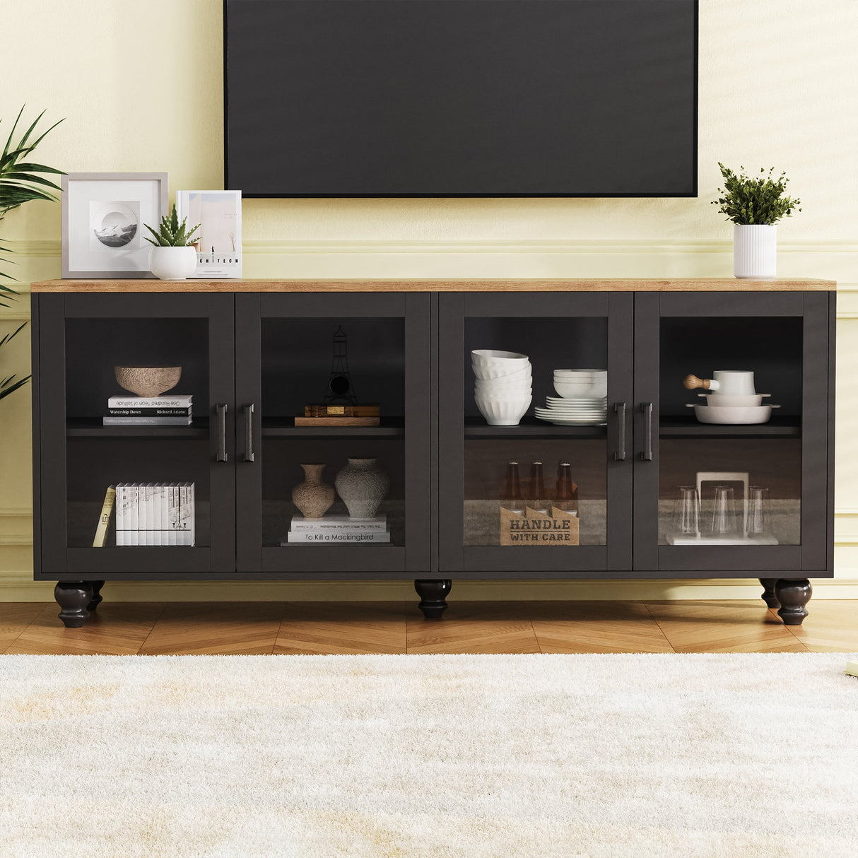 ON-TREND Farmhouse TV Stand with Tempered Glass Doors