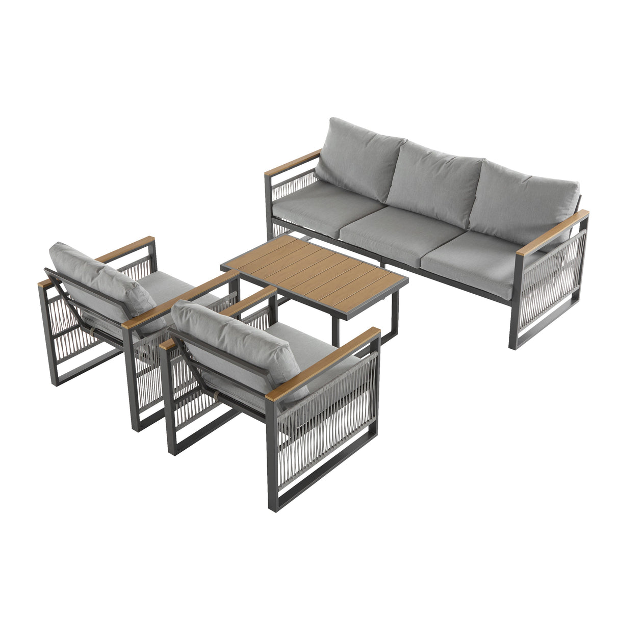 4-Piece Outdoor Metal Patio Furniture Set with Cushion - Grey & Natural