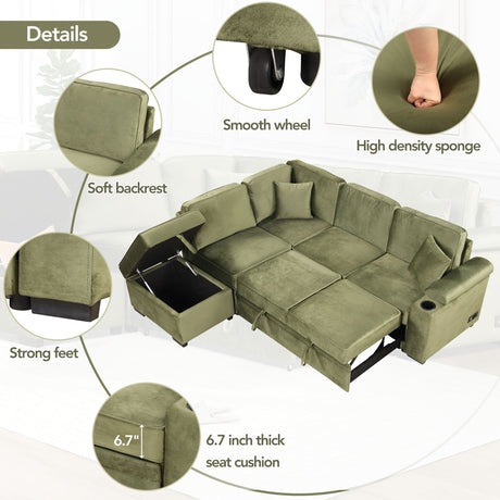 Virginia Green Velvet Convertible Sleeper Sofa with Hidden Storage Ottoman