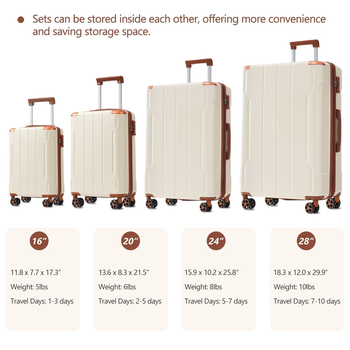 Brown & White 6-Piece Expandable Hardshell Luggage Set – 16” 20” 24” 28”