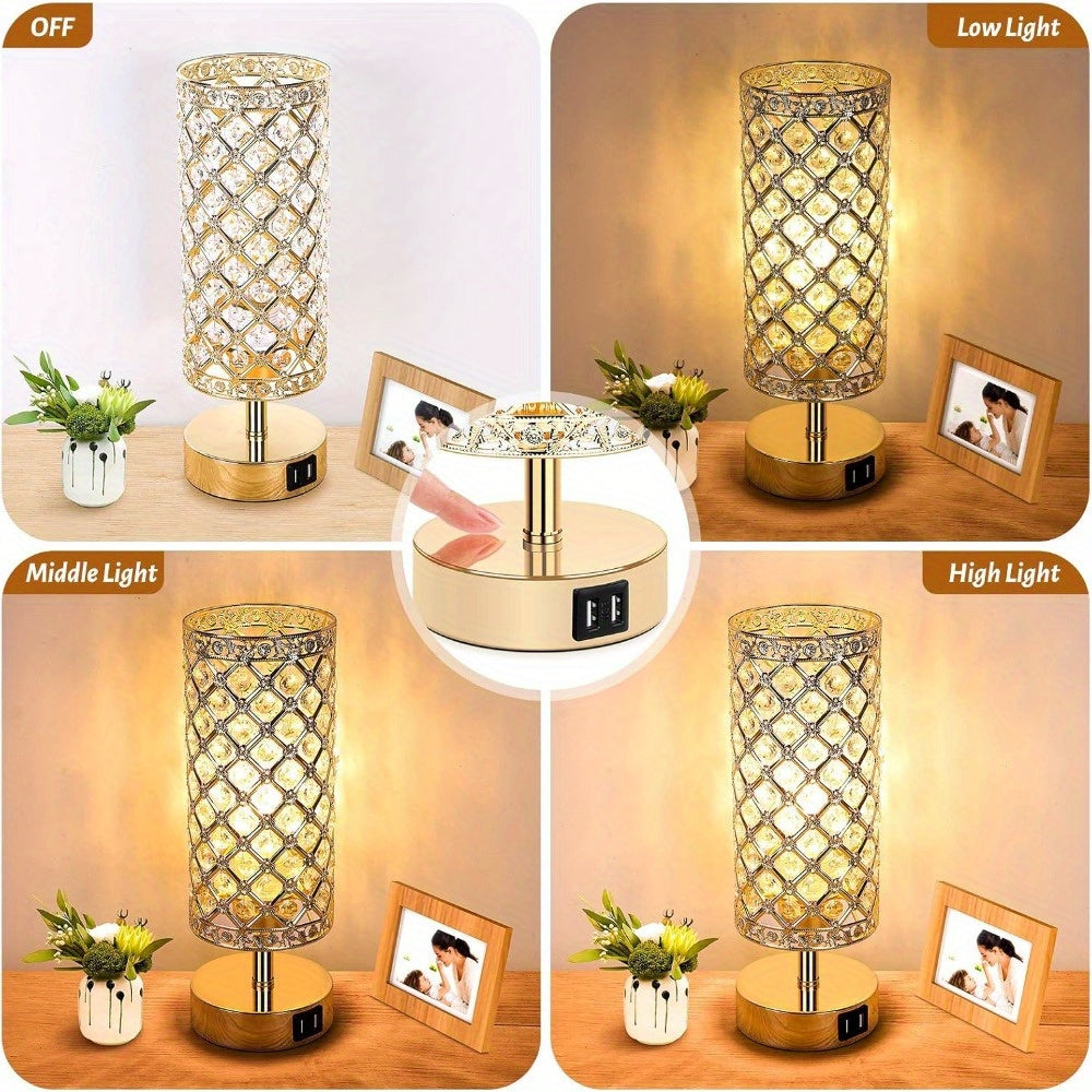 Set of 2 Crystal Table Lamps – Touch Control USB Bedside Lights, 3-Way Dimmable